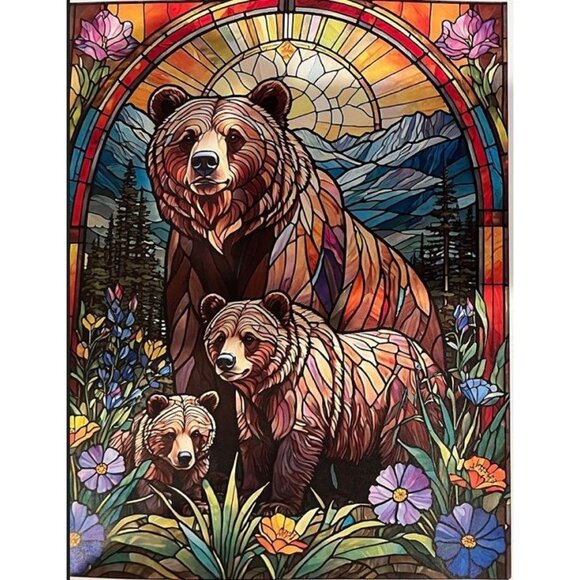 New Grizzly Bear Family Stained Glass Plush Throw Blanket Gift Cubs Bears Rustic - Picture 1 of 3